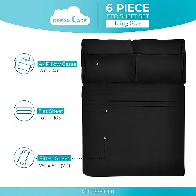 DREAMCARE King Size Sheets Set – 6 pcs Cooling Bed Sheets – up to 21” Deep Pocket King Sheet Set – 2500 Supreme Collection – Extra Soft 100% Brushed Microfiber Hotel Luxury with Side Pocket – Black