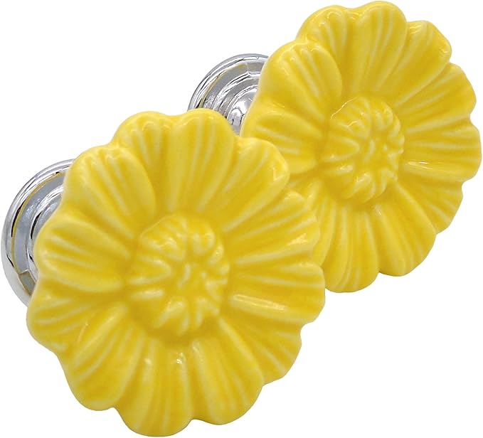 6PCS Vintage Floral Daisy Ceramic Dresser Drawer Knobs Elegant Cabinet Cupboard Door Hardware Pull Handles w/Screws Yellow