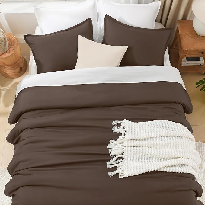 Litanika Comforters Queen Size Chocolate, 3 Pieces Lightweight Solid Bedding Set & Collections, All Season Fluffy Bed Set (90x90 Inches Comforter & 2 Pillowcases)