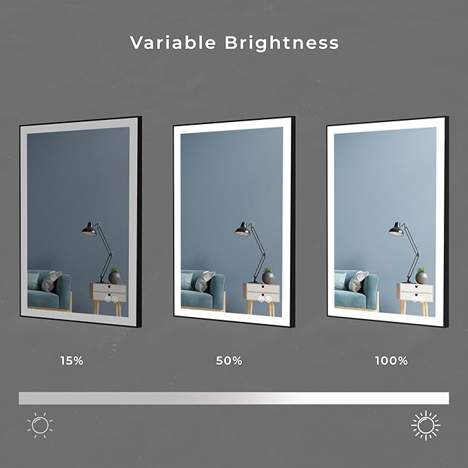 Fab Glass and Mirror LED Lighted Bathroom Mirror 20 x 30 Inch, Black Framed Wall Mounted Dimmable Vanity Mirror, Anti-Fog Touch Sensor, Adjustable Color Warm/White/Natural