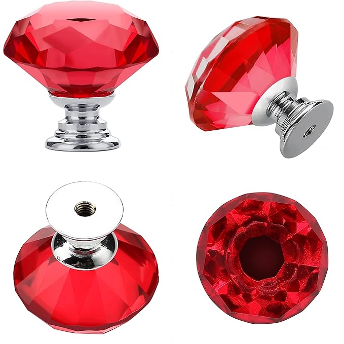Ravinte 5 Pack Red Crystal Knobs for Dresser Drawers Glass Cabinet Knobs Diamond Shaped Drawer Knobs - 30 mm Knobs with Silver Base