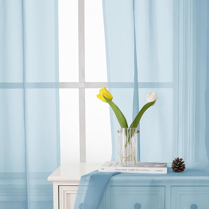 Sky Blue Sheer Curtains for Bedroom 54 Inch Length 2 Panels, Durable & Soft - Image 3