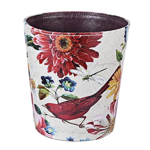 Leather Trash Can, Retro Decorative Waste Basket, 10L Capacity Small Waste Paper Basket, Waterproof Garbage Can for Bathroom, Bedroom, Office, Kitchen and Living Room - Red Bird