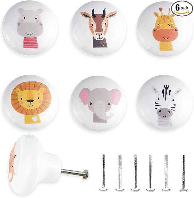 6 Pack 1.5" 6pack Kids Nursery Animal Ceramic Cute Door Cabinet Decorative Cabinet Dresser Drawer Knobs Lion Drawer Pulls (Zebra)