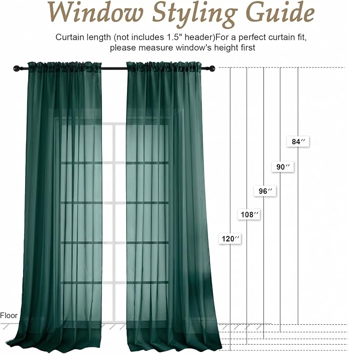 Hunter Green Sheer Curtains 120 Inches Long 2 Panels Set, 59 Inch Extra Wide - Image 2