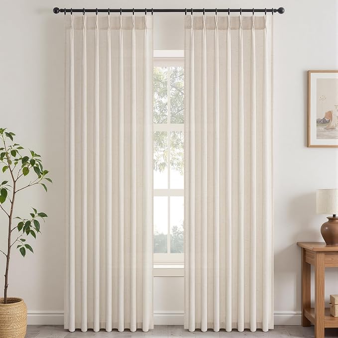 Topfinel 108 Inch Pinch Pleated Linen Curtains 2 Panels, Ivory Beige Semi Sheer - Image 9