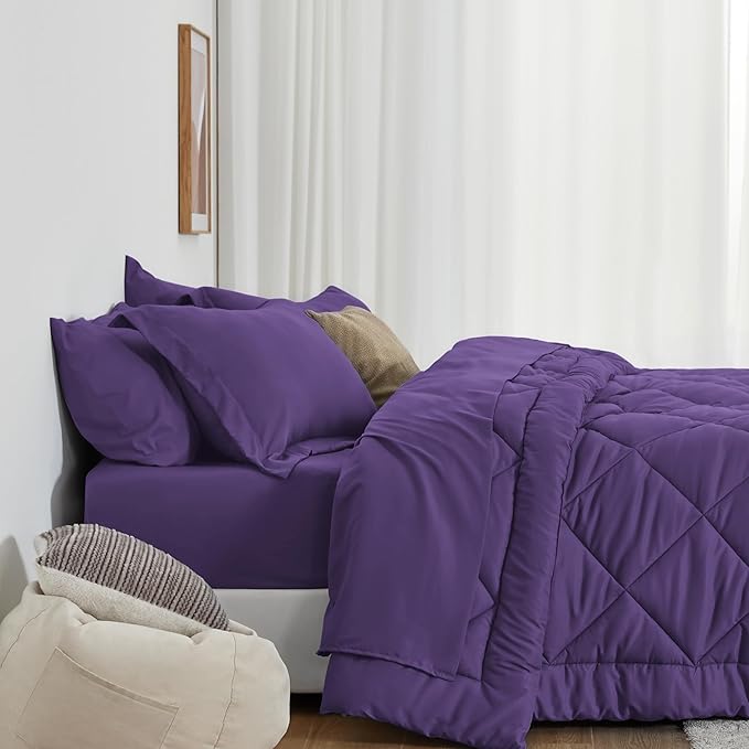 Love's cabin California King Comforter Set Purple, 7 Pieces California King Bed in a Bag, All Season Bedding Sets with 1 Comforter, 1 Flat Sheet, 1 Fitted Sheet, 2 Pillowcase and 2 Pillow Sham