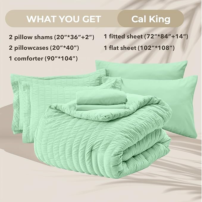 HYMOKEGE Mint Green California King Comforter Set Seersucker 7 Pieces, All Season Luxury Bed in a Bag for Bedroom, Bedding Set with Comforter, Sheets, Pillowcases & Shams