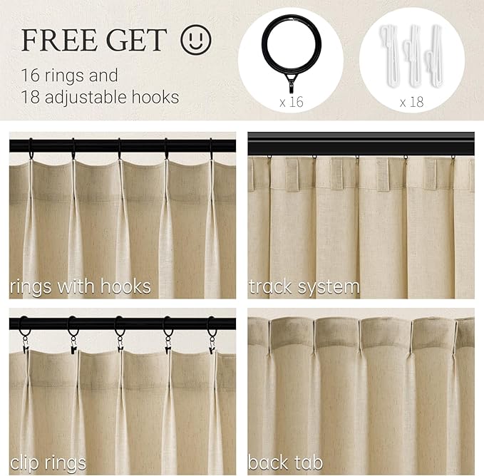 Topfinel Natural Linen Pinch Pleated Curtains 63 Inch Length 2 Panels - Image 3