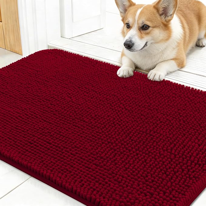 OLANLY Dog Door Mat for Muddy Paws 24x16, Super Absorbent Chenille Mud Mat | Red by OLANLY
