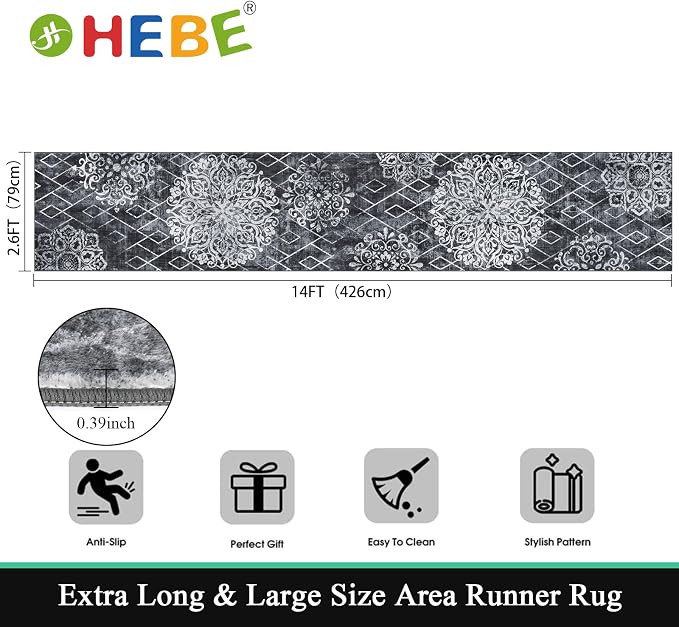 HEBE Hallway Runner Rug 2'8''x14', Washable Non Slip Kitchen Rug Runner | Soft - Image 2