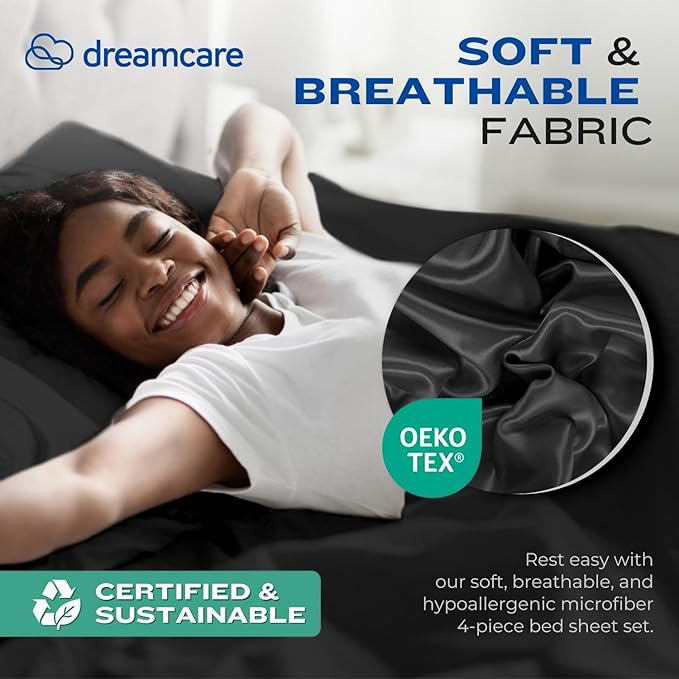 DREAMCARE Queen Size Sheets - Cooling Bed Sheets - 4pcs Set - up to 15" Deep Pocket Queen Sheet Set - Sheets Queen Size Bed - Soft & Long Lasting 100% Fine Brushed Polyester with Side Pocket - Black
