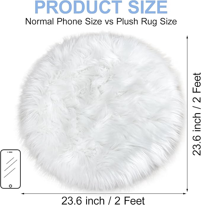 White Faux Fur Rug 2x2 Feet Small Round Fluffy Rug, Faux Sheepskin Circle Shag - Image 2