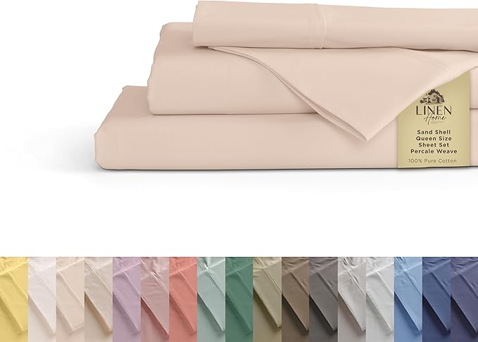 Linen Home 100% Cotton Percale Sheets Queen Size, Sand Shell, Deep Pocket, 4 Pieces Set - 1 Flat, 1 Deep Pocket Fitted Sheet and 2 Pillowcases, Crisp Cool and Strong Bed Linen