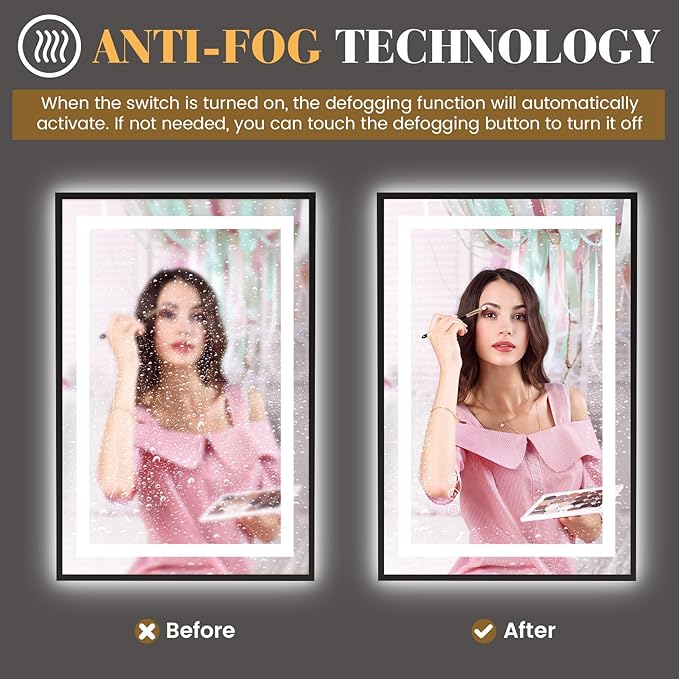 LED Bathroom Mirror,24"x36" Mirror with Black Frame, Front Light and Backlit, Stepless Dimmable, Anti-Fog, Shatter-Proof, Memory, 3 Colors, Double LED Vanity Mirror
