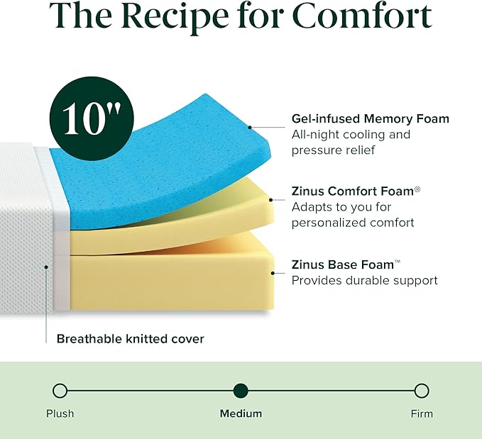 ZINUS 10 Inch Green Tea Cooling Memory Foam Mattress [New Version], Full, Fiberglass Free, Medium Firmness, Cooling Gel Foam, Certified Safe Foams & Fabric, Mattress in A Box