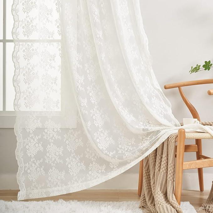 YJ YANJUN Vintage Lace Curtains 94 Inches Long- Antique Flowers Ivory Sheer - Image 4