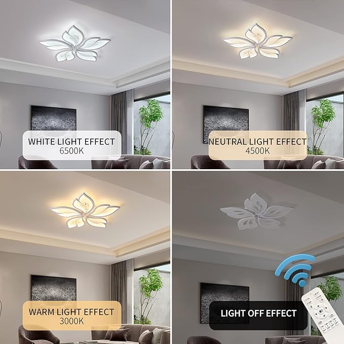 Garwarm Modern Ceiling Light,23.6” Dimmable LED Chandelier Flush Mount Ceiling Lights,Remote Control Acrylic Leaf White Lamp Fixture for Living Room Dining Room Bedroom 60W