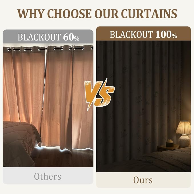 Boho Floral 100% Blackout Curtains 84 Inch 2 Panels Linen Texture | Farmhouse - Image 2