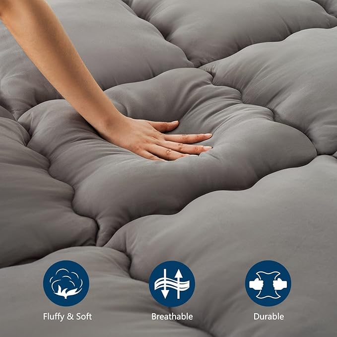 Marine Moon Mattress Topper King Cooling Bed Topper, Extra Thick Soft Mattress Pad Cover, Plush Hotel Quality Down Alternative Pillow Top Mattress Topper for Back Pain Relief with Deep Pocket, Grey