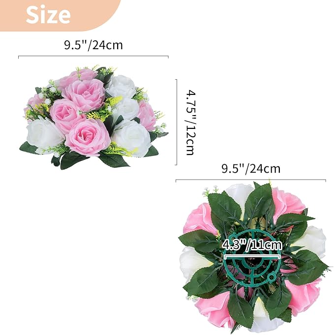 NUPTIO Pcs of 2 Fake Flower Ball Arrangement Bouquet,15 Heads Plastic Roses with Base, Suitable for Our Store's Wedding Centerpiece Flower Rack for Parties Valentine's Day Home Décor (Pink & White)