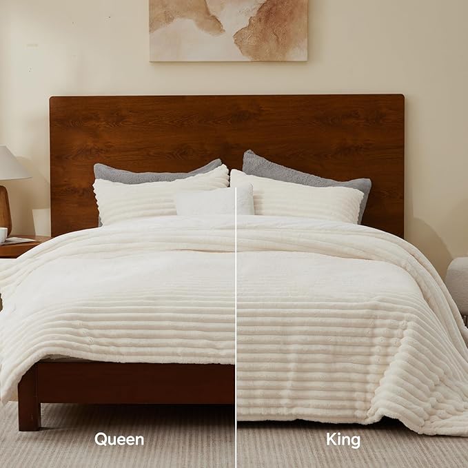 BEDELITE Fleece Queen Comforter Set -Super Soft & Warm Fluffy Cream White Bedding, Luxury Fuzzy Heavy Bed Set for Winter with 2 Pillow Cases
