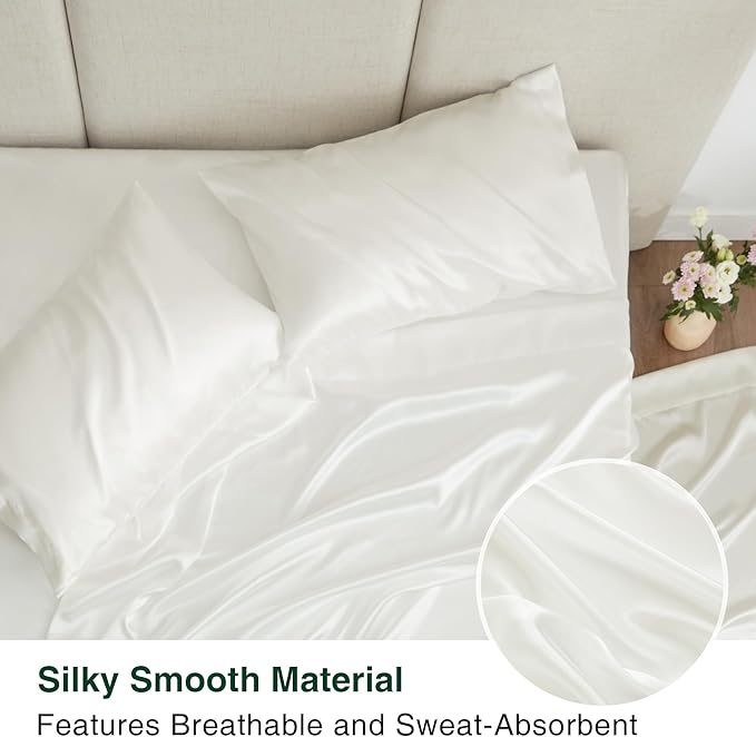 Love's cabin Twin XL Satin Sheet Sets - 3 Piece Ivory Silky Bed Sheets with Deep Pockets, Luxury Silk Feel Satin Sheet Set Twin XL (1 Flat Sheet,1 Fitted Sheet,1 Pillow case)