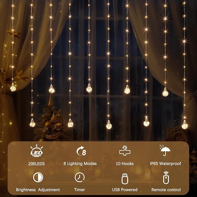 Minetom 200 LED Curtain Fairy Lights - 9.8 FT Wishing Ball Window Hanging Lights with Remote, USB Powered Waterproof for Christmas Wedding Bedroom Decoration, Warm White
