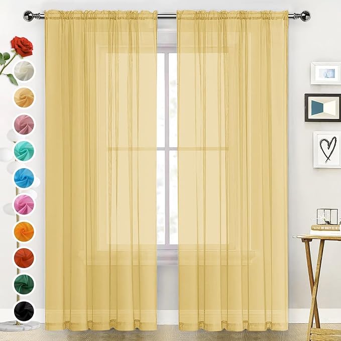 SpaceDresser Basic Rod Pocket Sheer Voile Window Curtain Panels Gold 1 Pair 2 by SpaceDresser