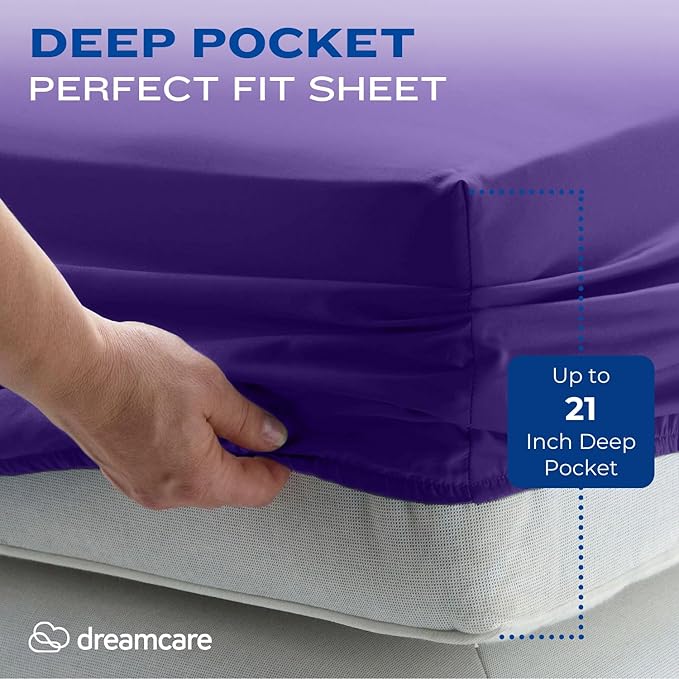DREAMCARE Full Size – 4 pcs Cooling Sheets – up to 21” Deep Full Sheet Set – Hotel Luxury Sheets & Pillowcases – Superior Softness 100% Polyester with Side Pocket – Purple