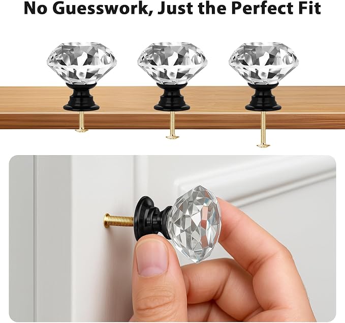DEELF 12 Packs Kitchen Cabinet Knobs, 40 mm Crystal Cabinet Knobs, Diamond Dresser Handle Drawer Pulls, Dresser Knobs for Cabinets and Drawers, Black Base