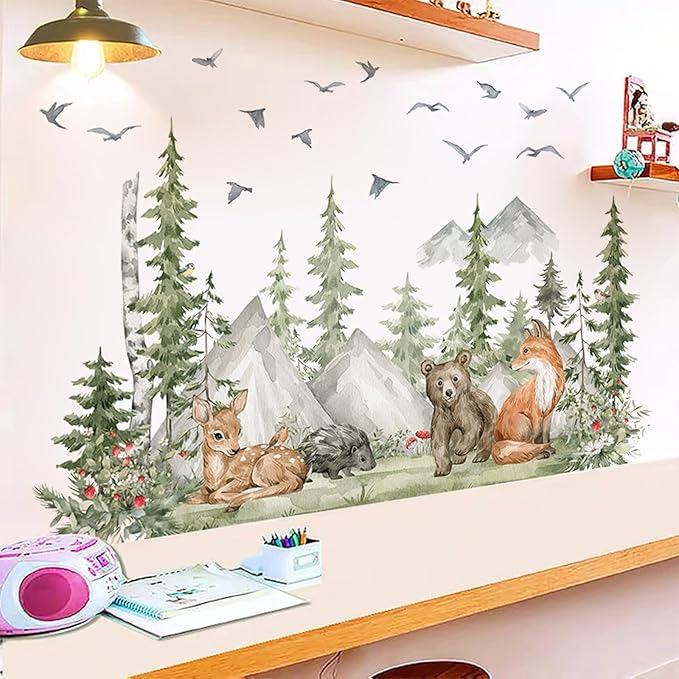 Giant Watercolor Mountain Forest Tree Wall Stickers, Sunoyar DIY Woodland Pine Wall Decal for Kids Boys, Jungle Wild Animal Fox Deer Bear Mural Decor for Nursery Bedroom Living Room Playroom (Green)