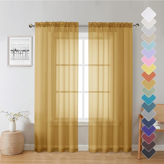 Gold Sheer Curtains 72 Inch Length 2 Panels, Light Filtering Voile Window Drapes by Lecloud
