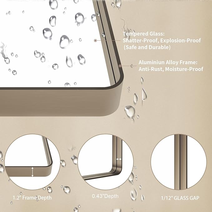 LOAAO 60”X30” Bronze Bathroom Mirrors for Vanity, Rounded Rectangle Brushed Bronze Metal Frame Mirror, Anti-Rust, Tempered Glass, Hangs Horizontally or Vertically