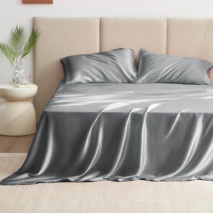 Love's cabin Satin Queen Sheets Set - 4 Piece Dark Grey Silky Bed Sheets with Deep Pocket, Luxury Silk Feel Satin Queen Size Sheet Set (1 Flat Sheet,1 Fitted Sheet,2 Pillow Cases)