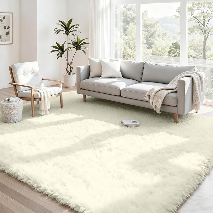 4x6 Fluffy Shag Area Rugs for Living Room Bedroom: Soft Carpet Cream White | by CarpetAddColortoYourLife