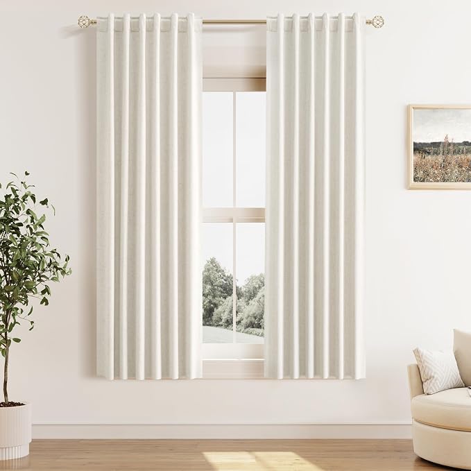 100% Blackout Linen Curtains for Bedroom 63 Inches Long Natural Cream Black Out by Guken