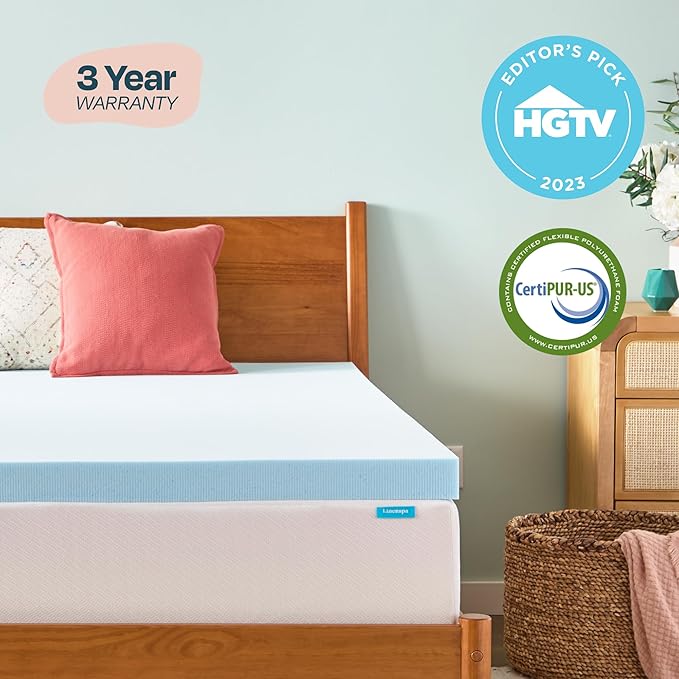 LINENSPA Memory Foam Mattress Topper - 3 Inch Gel Infused Memory Foam - Plush Feel - Cooling and Pressure Relieving - CertiPUR Certified - Dorm Room Essentials - Short Queen Size