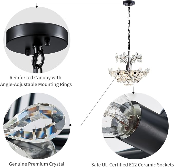 WUZUPS Crystal Chandelier Pendant Flushmount Ceiling Light Modern Lighting Fixture for Bedroom Hallway Bar Kitchen Bathroom, H 15.7" x W 17.7", Black, E12 Base
