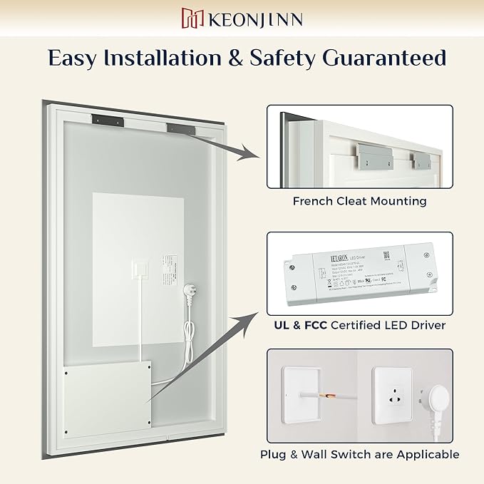 Keonjinn Bathroom Mirror with Lights 60 x 40 Inch, LED Mirror with Backlit, Anti Fog Lighted Mirror with Stepless Dimmable, UL Listed LED Driver, Waterproof, CRI90+, HD Tempered Glass