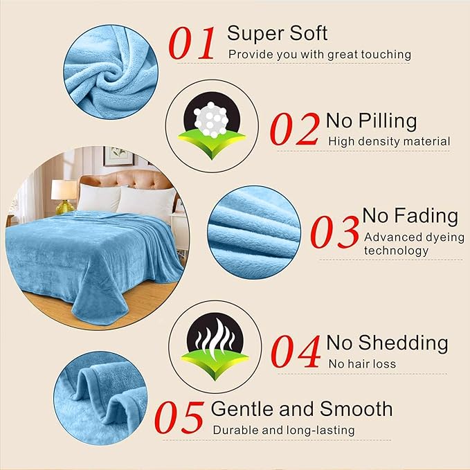Fleece Blankets for All Season - Premium Lightweight Anti-Static Throw for Twin/Twin XL Size Bed Extra Long Soft Brush Fabric Warm Sofa Thermal Blanket 66" x 90"(Washed Blue)