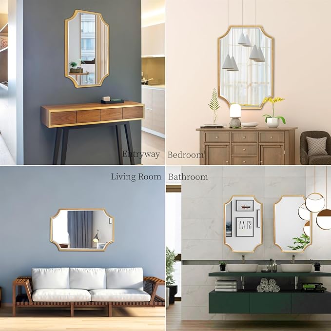 Kelly Miller 24"x36" Gold Mirror for Wall, Gold Scalloped Mirror Vanity Mirror Decorative Wall Mirror Art Beveled Framed for Master Bath Half Bath Living Room Fireplace Mantle Hallyway Entryway