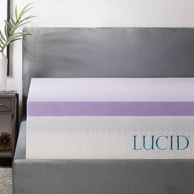 LUCID 3 Inch Lavender Infused Memory Foam Mattress Topper, King Size – Ventilated Design – Pressure Relieving Bed Topper - Mattress Pad – CertiPur Certified