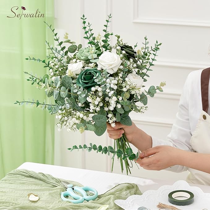 Serwalin 50 Pcs Mixed Artificial Eucalyptus Stems,Babys Breath Artificial Flowers Bulk with Faux Eucalyptus Leaves Greenery Stems for Wedding DIY Bouquets Floral Arrangement Home Decor
