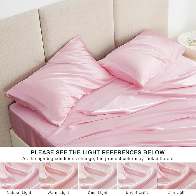 Love's cabin Full Size Satin Sheet Sets - 4 Piece Pink Silky Sheet Set Full with Deep Pocket, Luxury Silk Feel Bed Sheets Full Bedding Set (1 Flat Sheet,1 Fitted Sheet,2 Pillow Cases)