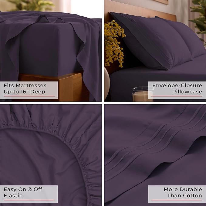 Mellanni Queen Sheets Set - 4 PC Iconic Collection Bedding - Hotel Luxury, Extra Soft, Cooling Bed Sheets - Wrinkle, Fade, Stain Resistant (Queen, Purple)