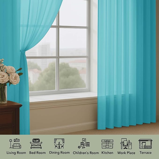 Extra Long Turquoise Sheer Curtains 96 Inches Long 2 Panels Set, Soft - Image 3