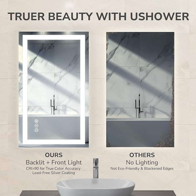 USHOWER LED Bathroom Mirror 48x36 Inch with Lights - Frameless Tempered Glass LED Backlit Lighted Mirror for Bathroom Vanity with Anti-Fog, 3 Colors Dimmable, Memory Function, Wall-Mounted