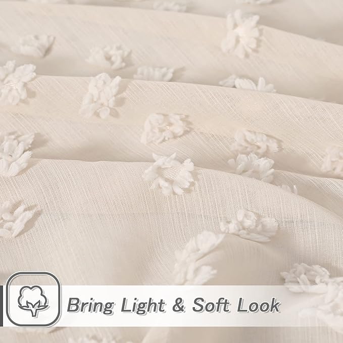 MYSKY HOME Beige Sheer Short Curtains with Pom Pom for Small Windows Bedroom Nursery Kids Girls Room Curtains Cafe Kitchen Light Filtering Boho Drapes, Rod Pocket,52 x 54 Inches, 2 Panels
