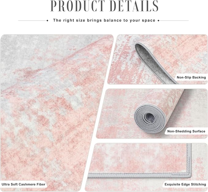 Area Rug Living Room: 4x4 Modern Washable Soft Carpet Pink White | - Image 5